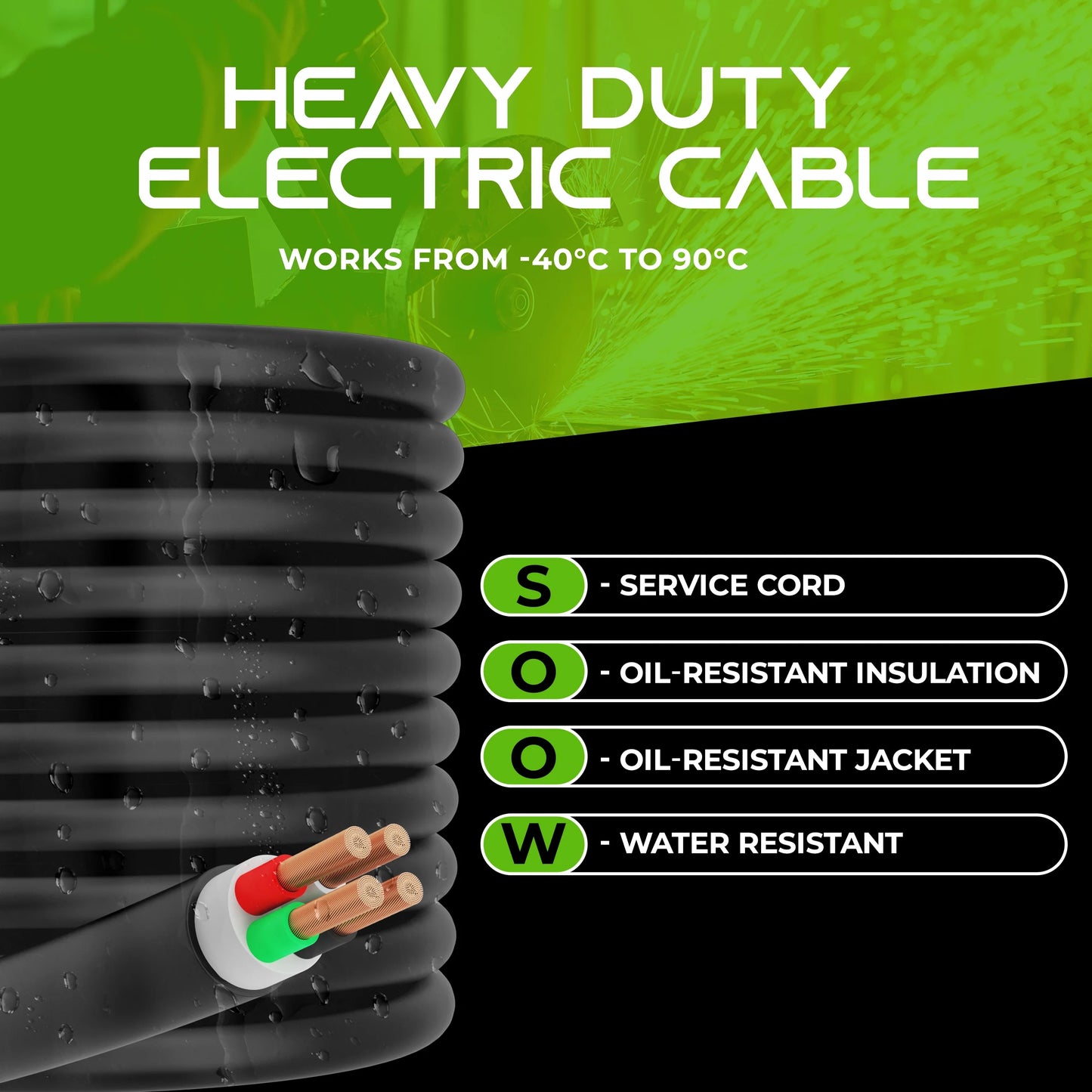 GearIT 8/4 8 AWG Portable Power Cable (25 Feet - 4 Conductor) SOOW 600V 8 Gauge Electric Wire for Motor Leads, Portable lights, Battery Chargers, Stage Lights and Machinery -25ft Electrical Cord