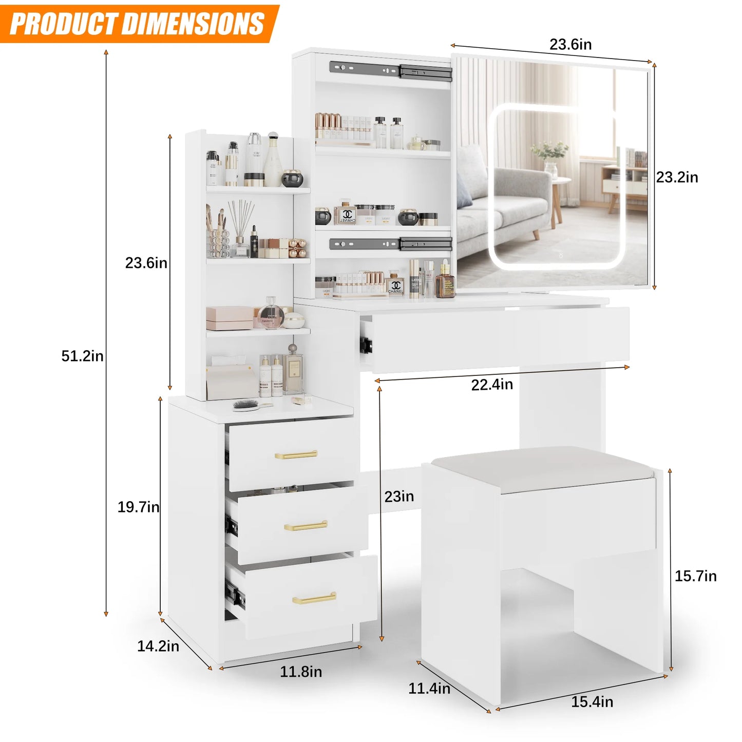 Vanity Desk with Sliding Mirror and Lights, Makeup Vanity Set with 4 Drawers, Stool, Power Outlet, Open Shelves, 3 Color Adjustable Lighting Modes, Makeup Dressing Table for Bedroom, White