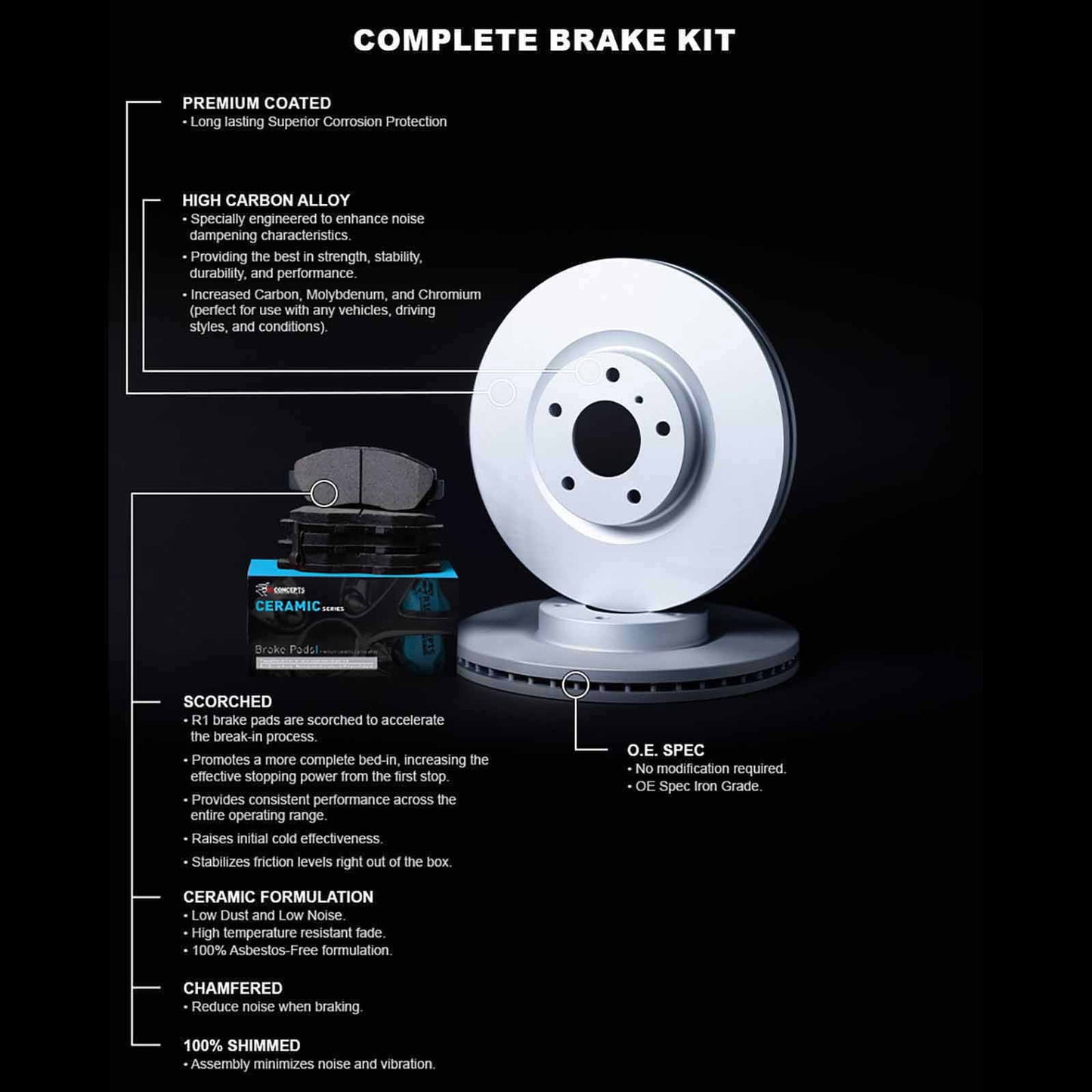 R1 Concepts Rear Brakes and Rotors Kit |Rear Brake Pads| Brake Rotors and Pads| Ceramic Brake Pads and Rotors |Hardware Kit WDWH1-59046