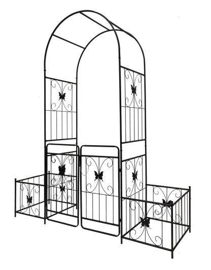 IVV 7.2ft Garden Arbor Arch with Gate and Side Planter Box, Wedding Arch Archway for Ceremony Party, Trellis for Plant Climbing, Christmas Decorations Pergola for Backyard, Lawn, Patio, Yard (Black)