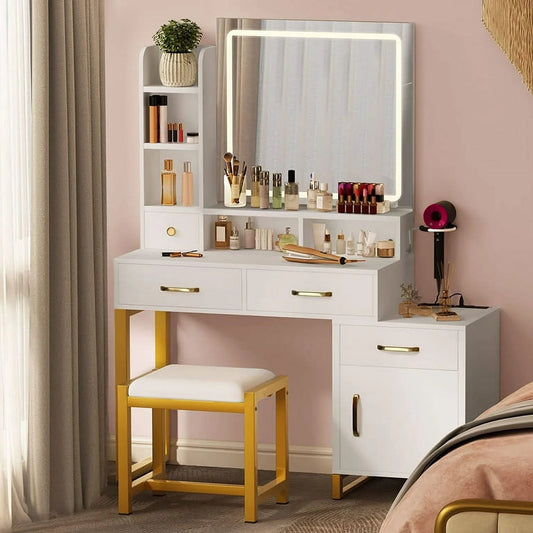 Dextrus Vanity Desk with Mirror and Lights, Makeup Vanity with Lights and Drawers, Vanity Mirror with Lights and Table Set, 3 Color Adjustable Lighting Brightness & Power Outlet, White