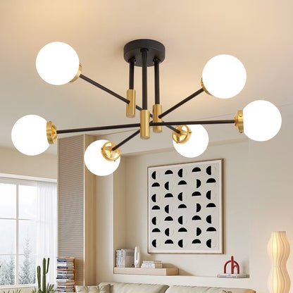 Deyidn Modern 6-Light Sputnik Chandelier with Milky White Glass Shades, 31 Inch Gold Pendant Lighting for Dining Room