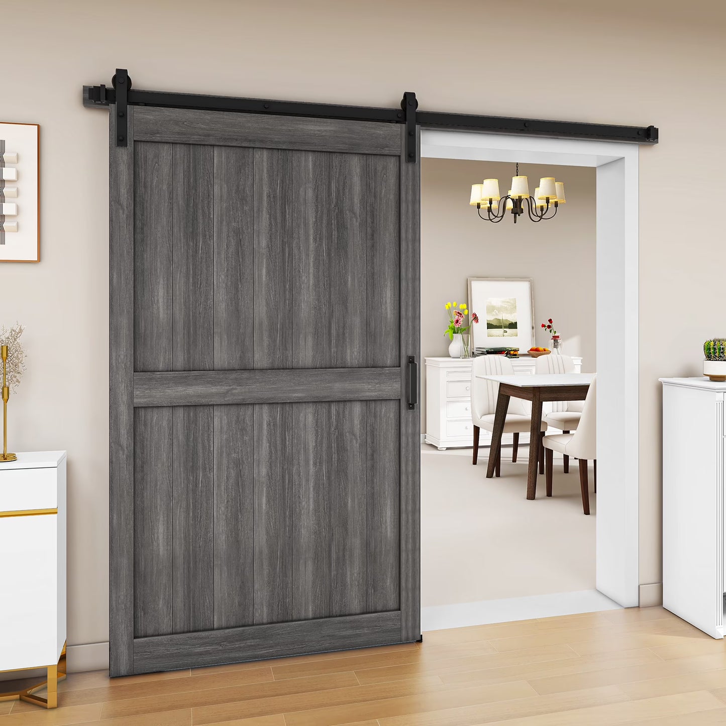 Uforic 48" x 84" Silding Barn Door,with Hardware Kit Rail,and Handle,Pulleys, Gray