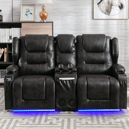 IPKIG Electric Home Theater Seating- Power Recline Chair Loveseat RV Sofa with Console, 67" Double Recliner 2-Seater RV Couch with Storage/USB Charging/Lighting/Cup Holders for Living Room