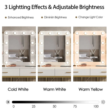 Makeup Vanity with Lighted Mirror & Power Strip, White Vanity Set Vanity Desk with Hair Dryer Holder, Modern Makeup Vanity 3 Lighting Colors, Brightness Adjustable, 35.5in(W)