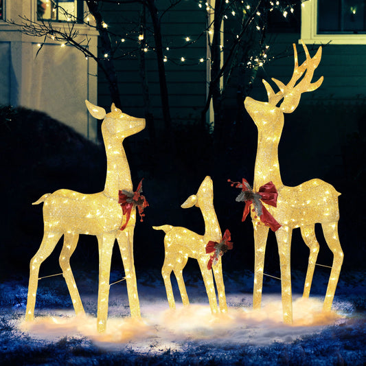 VEIKOUS Christmas Lighted Deer Family Set Outdoor Decor w/200 Warm Lights Reindeer Christmas Decor, Ground Stakes and Zip Ties, Gold