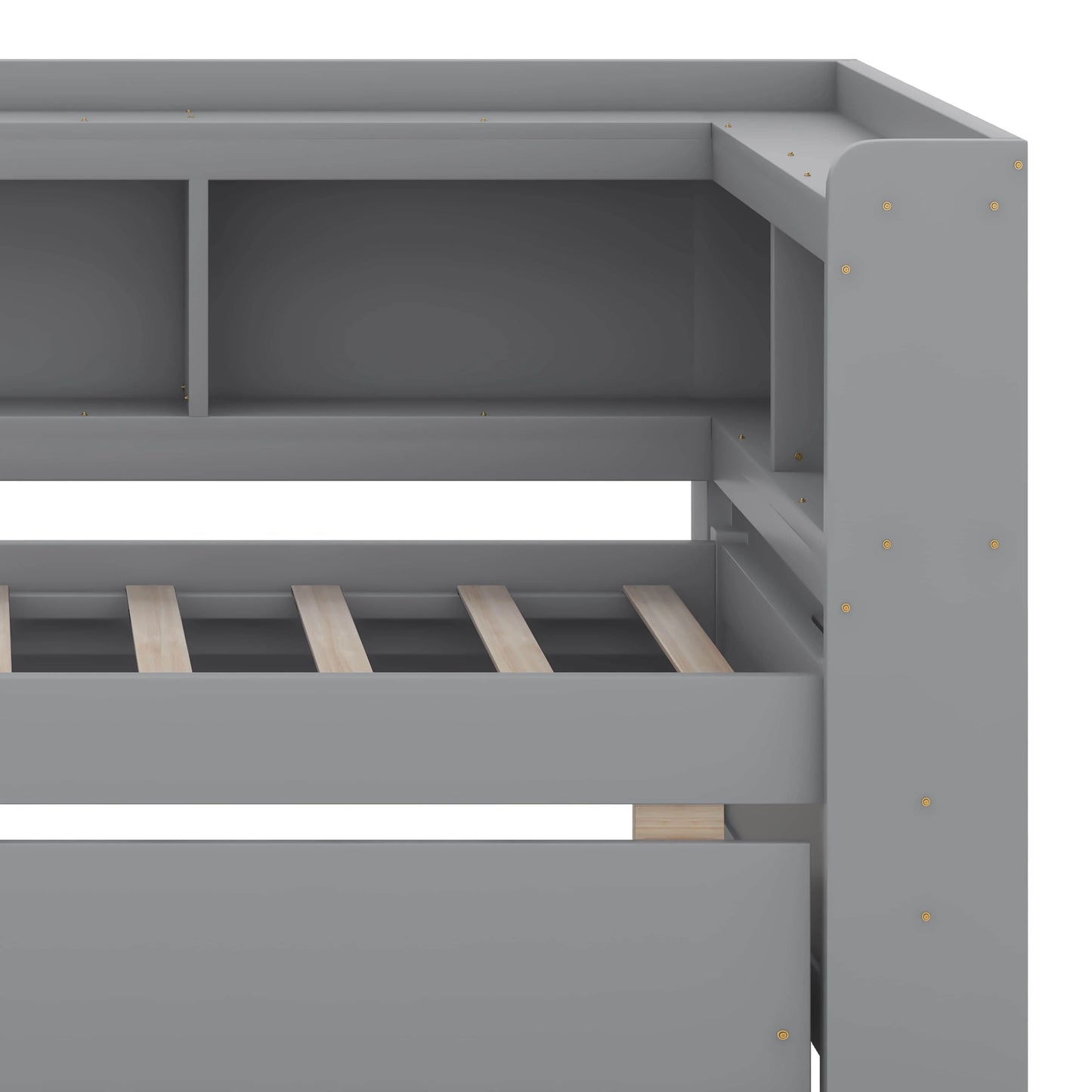 BEBPILOO Twin Size L-Shaped Bookcase Bed with Electrical Outlet, USB Charging Port, Two Drawers, Gray