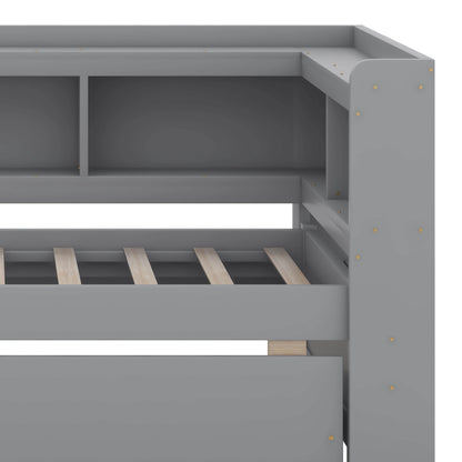 BEBPILOO Twin Size L-Shaped Bookcase Bed with Electrical Outlet, USB Charging Port, Two Drawers, Gray