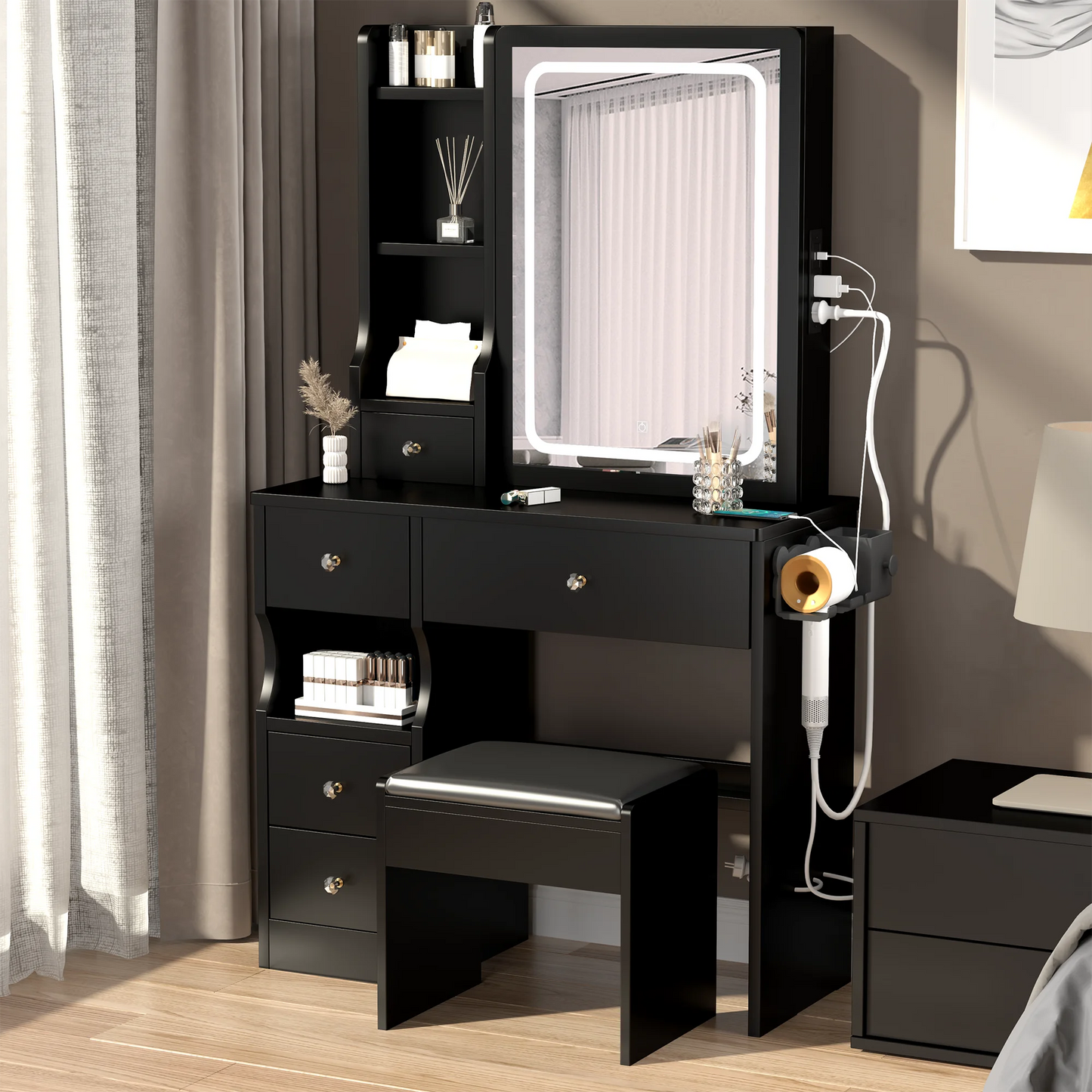 Vanity Set with Stool, Black Vanity Desk with Mirror, 5 Drawers and 2-Layer Shelves, LED Three-Tone Lighting, Particle Board With Triamine Coating, Solid Wood Legs With Copper Sheath Decoration