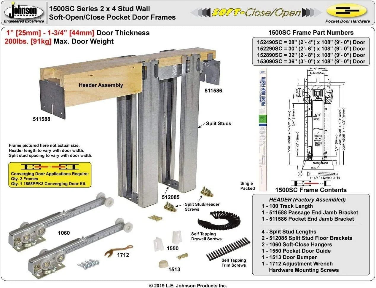 Johnson Hardware 1500 Soft Close Series Commercial Grade Pocket Door Frame for 2x4 Stud Wall 32 inch x 84 inch