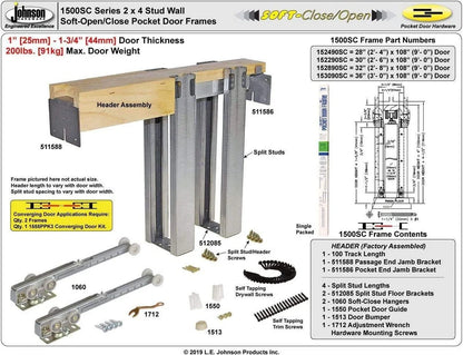 Johnson Hardware 1500 Soft Close Series Commercial Grade Pocket Door Frame for 2x4 Stud Wall 32 inch x 84 inch