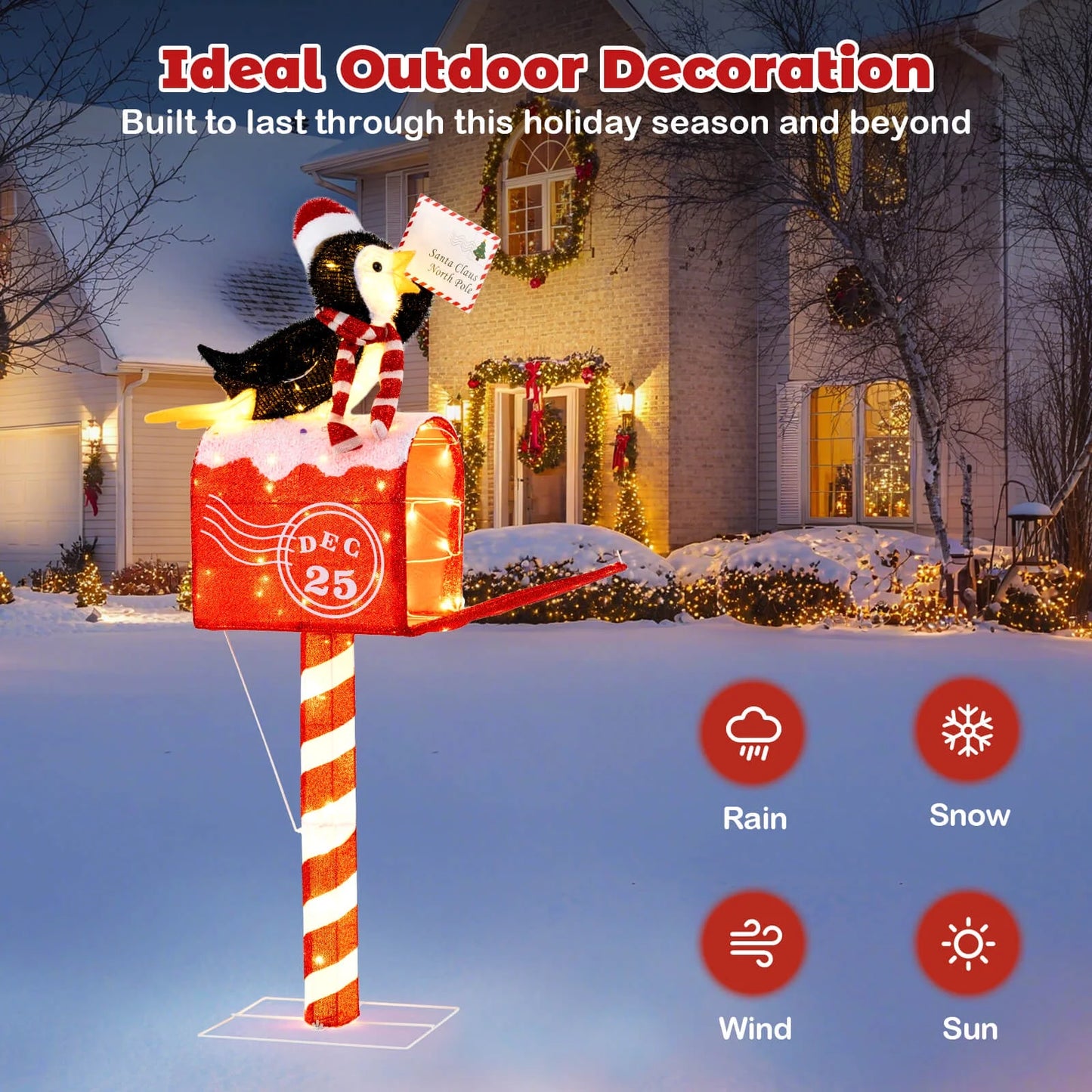 Costway 4.8 FT Christmas Lighted Penguin on Mailbox with 100 LED White Lights,Ground Stakes