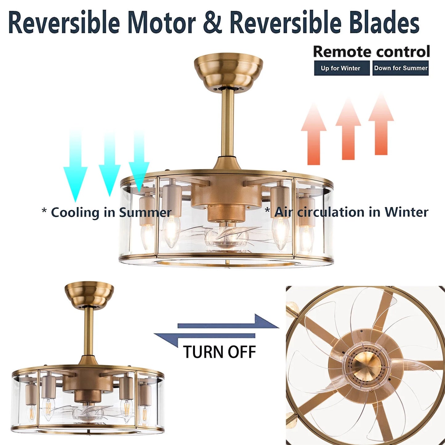 Caged Fandelier Ceiling Fan with Light, Golden Ceiling Fans with Remote Control & Noiseless 35db - Farmhouse Rustic Bladeless Ceiling Fans Chandelier Retro Lighting Fixture