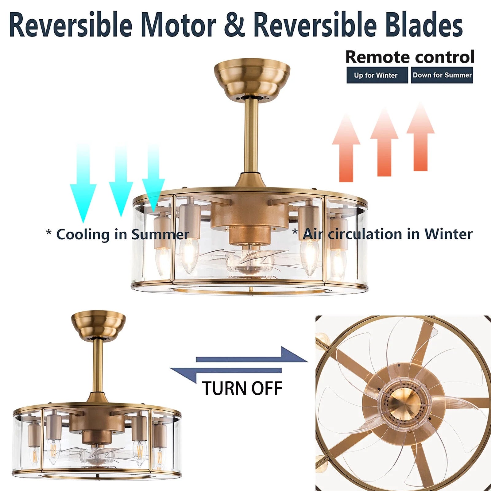 Caged Fandelier Ceiling Fan with Light, Golden Ceiling Fans with Remote Control & Noiseless 35db - Farmhouse Rustic Bladeless Ceiling Fans Chandelier Retro Lighting Fixture