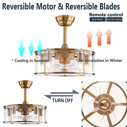 Caged Fandelier Ceiling Fan with Light, Golden Ceiling Fans with Remote Control & Noiseless 35db - Farmhouse Rustic Bladeless Ceiling Fans Chandelier Retro Lighting Fixture