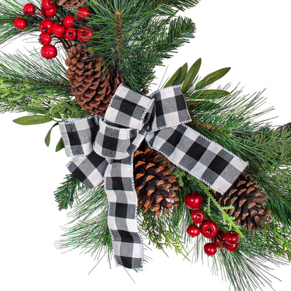 24 in. Artificial Christmas Wreath, Mixed Pine Berries, Buffalo Plaid Bow, Pine Cones, Red Berries