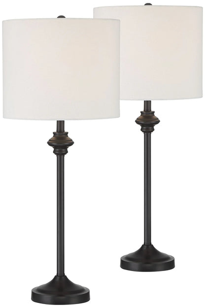 360 Lighting Lynn Modern Buffet Table Lamps 26" Tall Set of 2 Black Metal White Fabric Drum Shade for Bedroom Living Room Bedside Nightstand Office