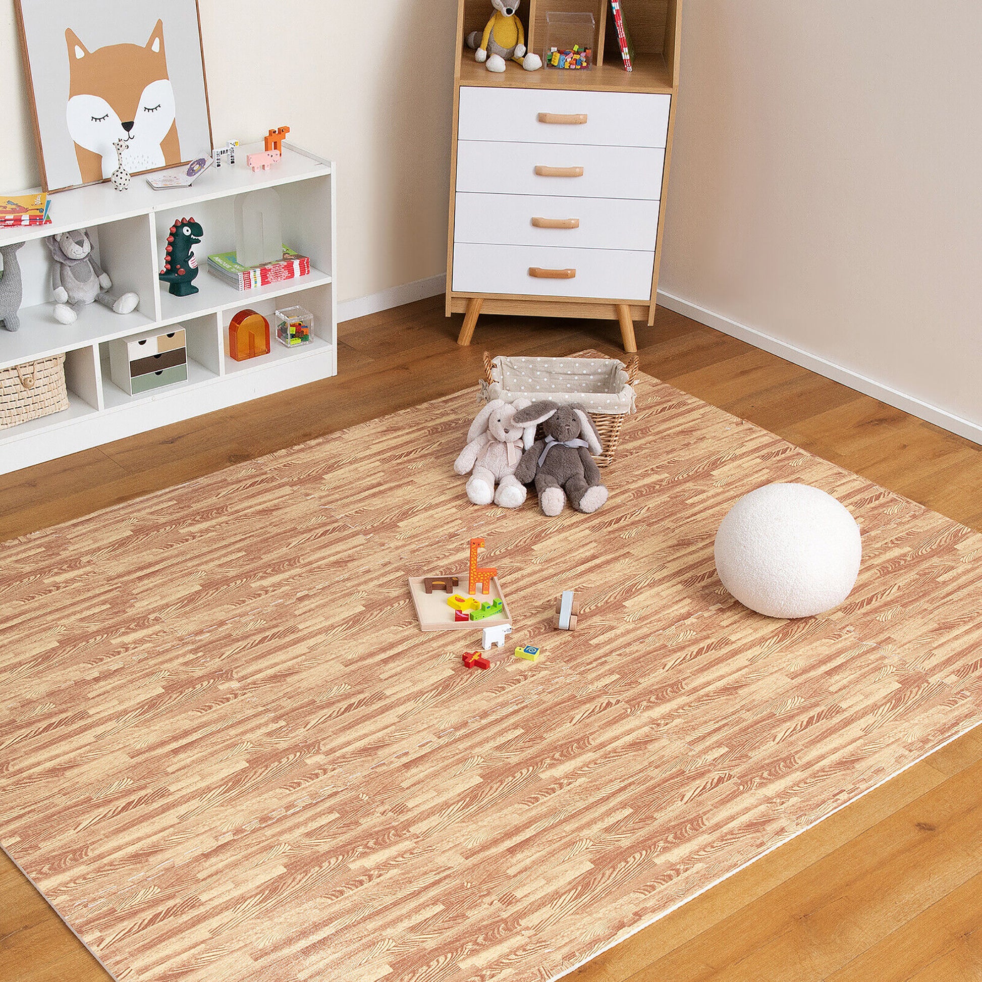 Gymax 24 Tiles Wood Grain EVA Foam Floor Mats Interlocking w/Borders 24'' Natural