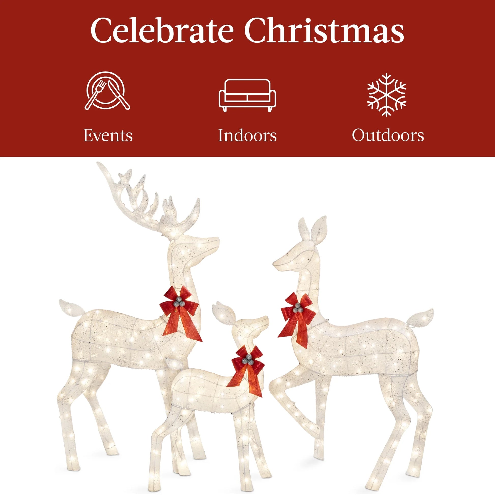 Best Choice Products 3-Piece Lighted Christmas Deer Set Outdoor Yard Decoration w/360 LED Lights, Stakes - White