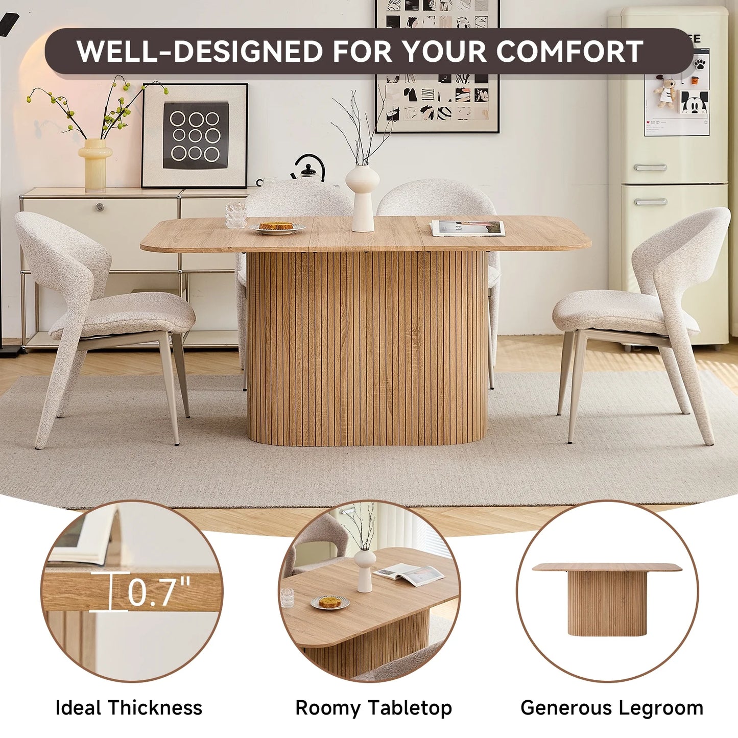 HJhomeheart 63" Rectangle Dining Table for 4 6 Person, Rounded Corners, Wood Strip Pedestal Base, Rustic Farmhouse Modern Breakfast Dinner Kitchen Table