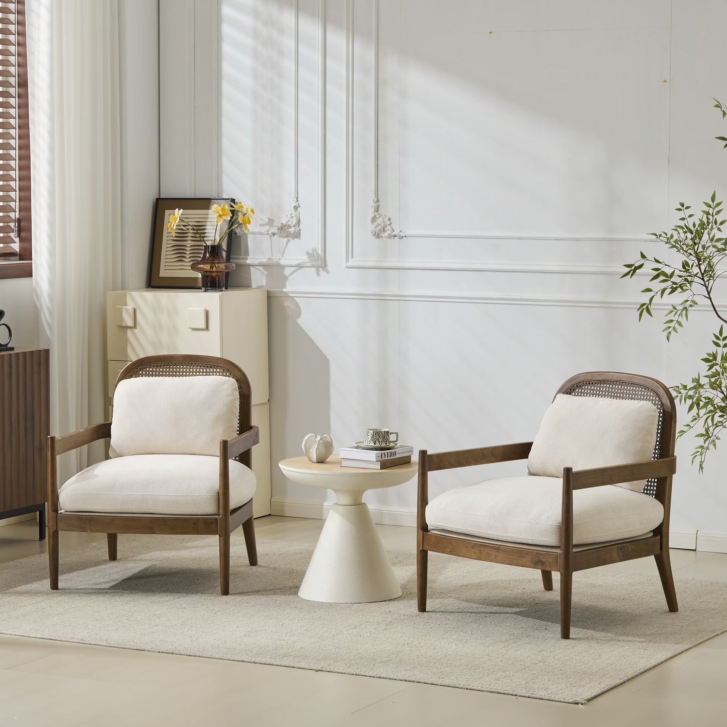 Christopher Knight Home [Set of 2] Mid-Century Modern Accent Chairs with Light Brown Solid Wood Frame, Rattan Backrest with Cushion - Comfortable Armchairs Light Brown