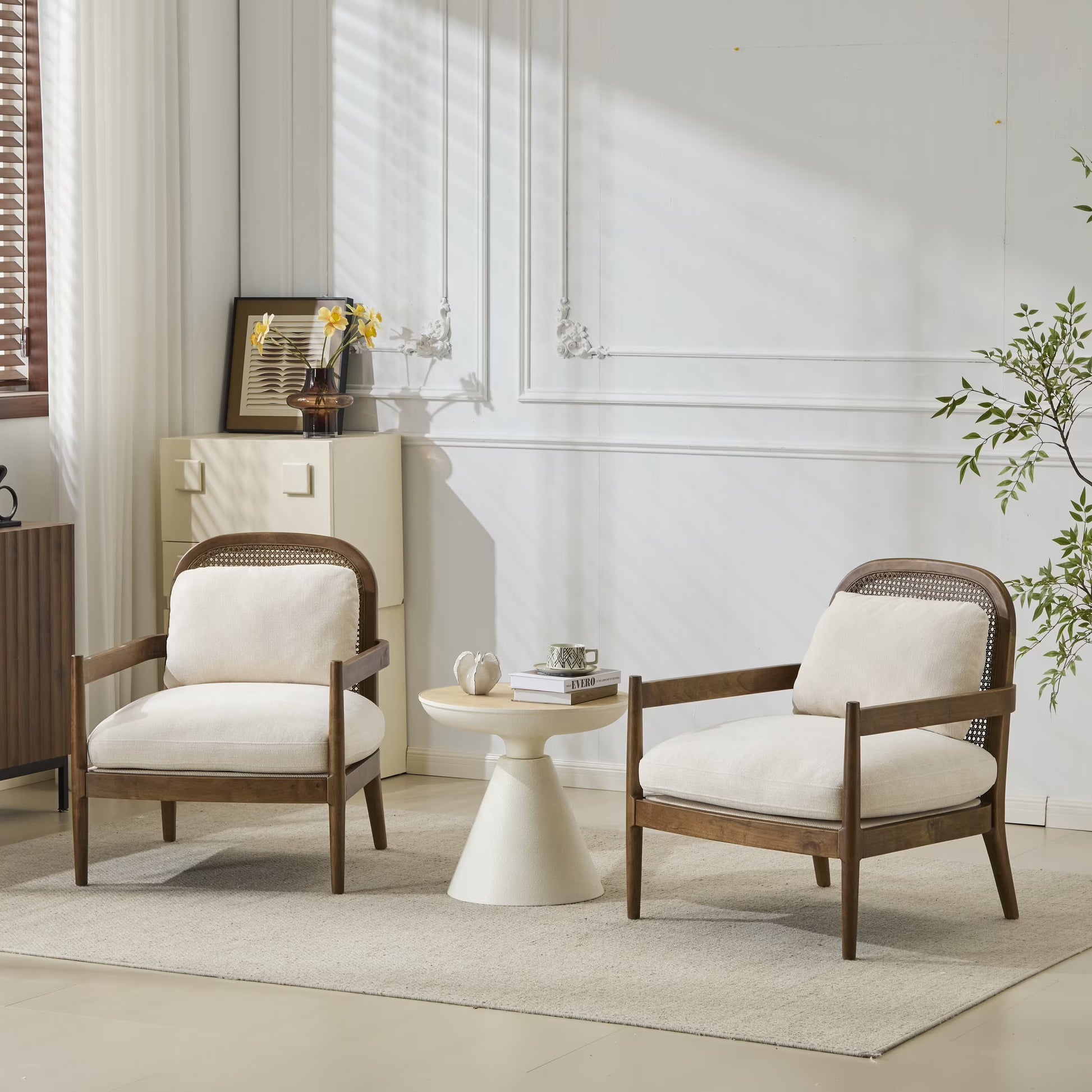 Christopher Knight Home [Set of 2] Mid-Century Modern Accent Chairs with Light Brown Solid Wood Frame, Rattan Backrest with Cushion - Comfortable Armchairs Light Brown