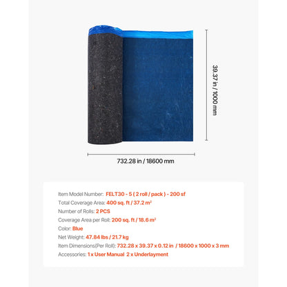 KFFKFF Floor Underlayment 400 sq. ft, 3mm Laminate Flooring Padding with Vapor Barrier, Durable Fiber+PE Film, Noise Reduction & Soundproofing for Vinyl & Wood (2 Rolls x 200 sq. ft)