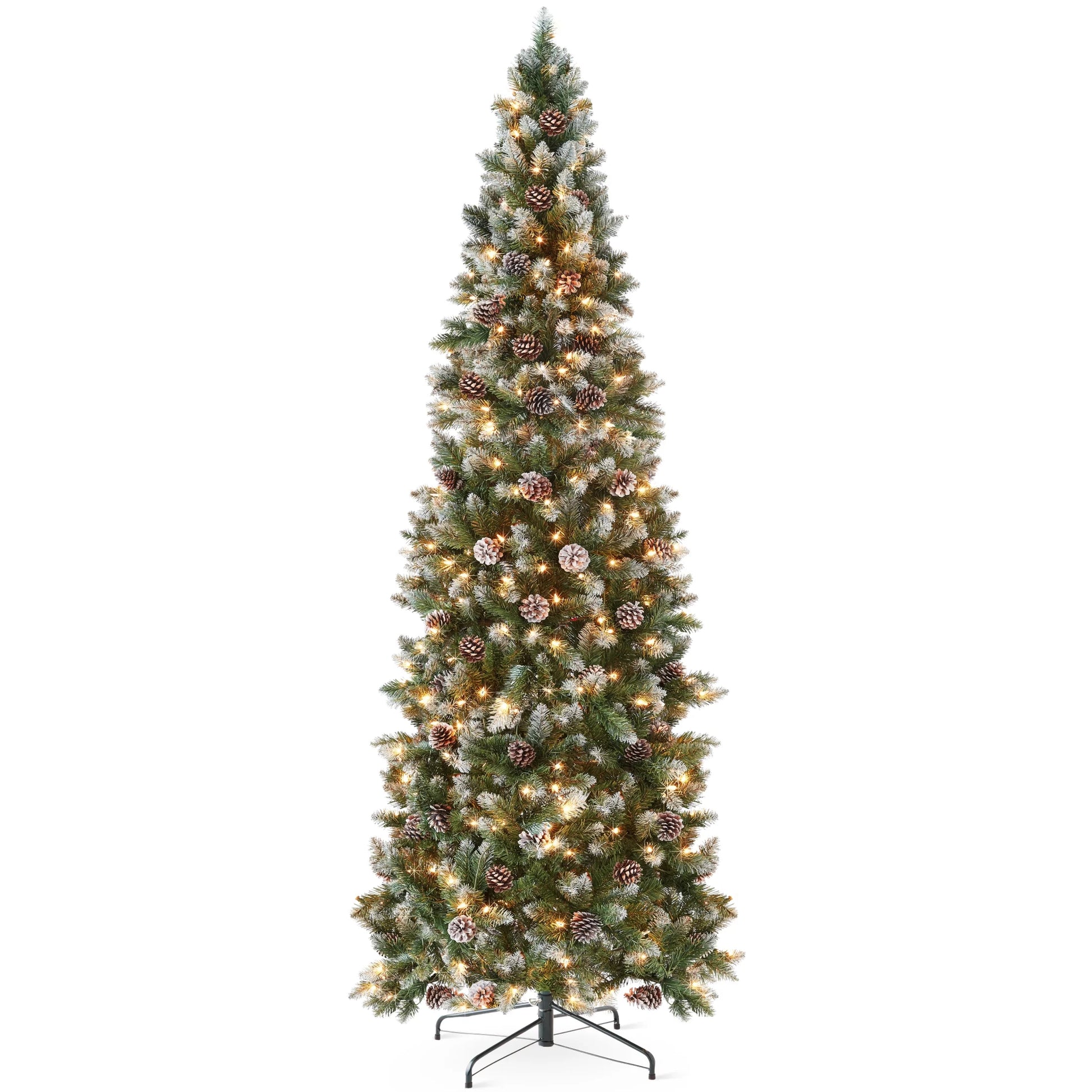 Best Choice Products 6ft Pre-Lit Partially Flocked Pencil Christmas Tree w/250 Lights, Pine Cones, Foldable Stand