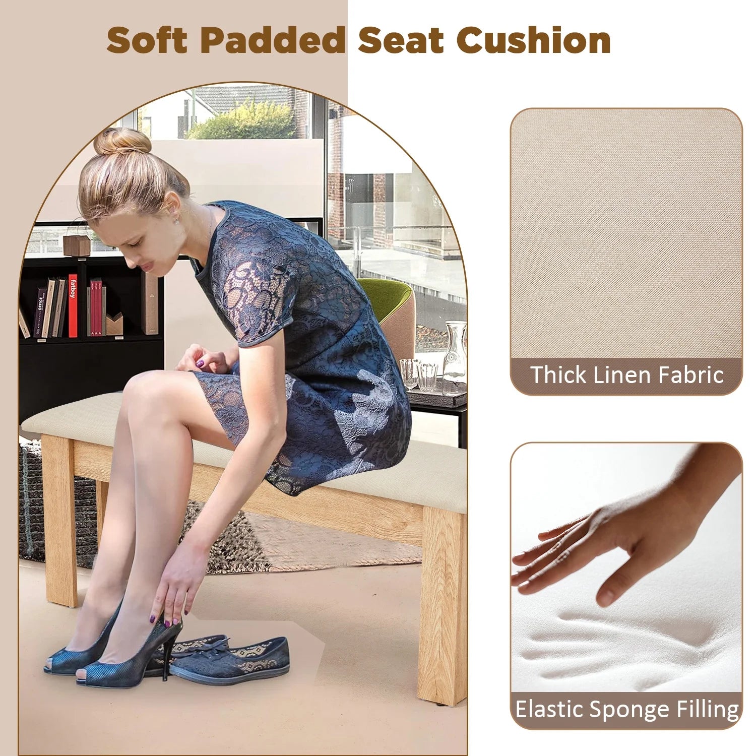 AVAWING 44" Dining Room Bench Set of 2, Wood & Linen Fabric Kitchen Benches, Beige & Natural