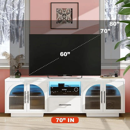 TV Stand for 75 inch TV, LED TV Stand for Living Room,70" Entertainment Center with Arched Glass Doors, Faux Marble Wood Finish Top, Adjustable Shelves, and LED Lighting, Black