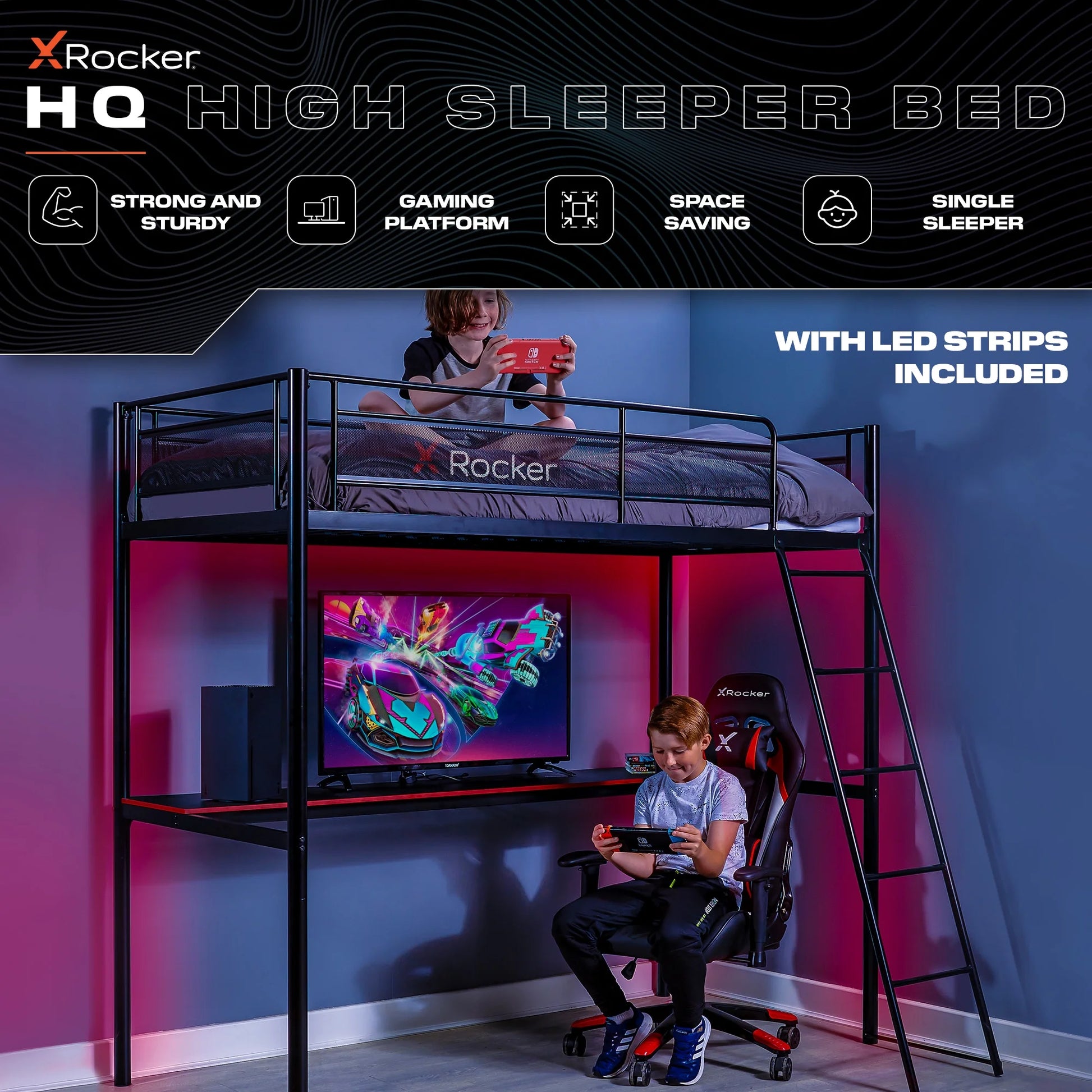 X Rocker HQ Gaming Bunk Bed with LED Lighting, Black, Twin