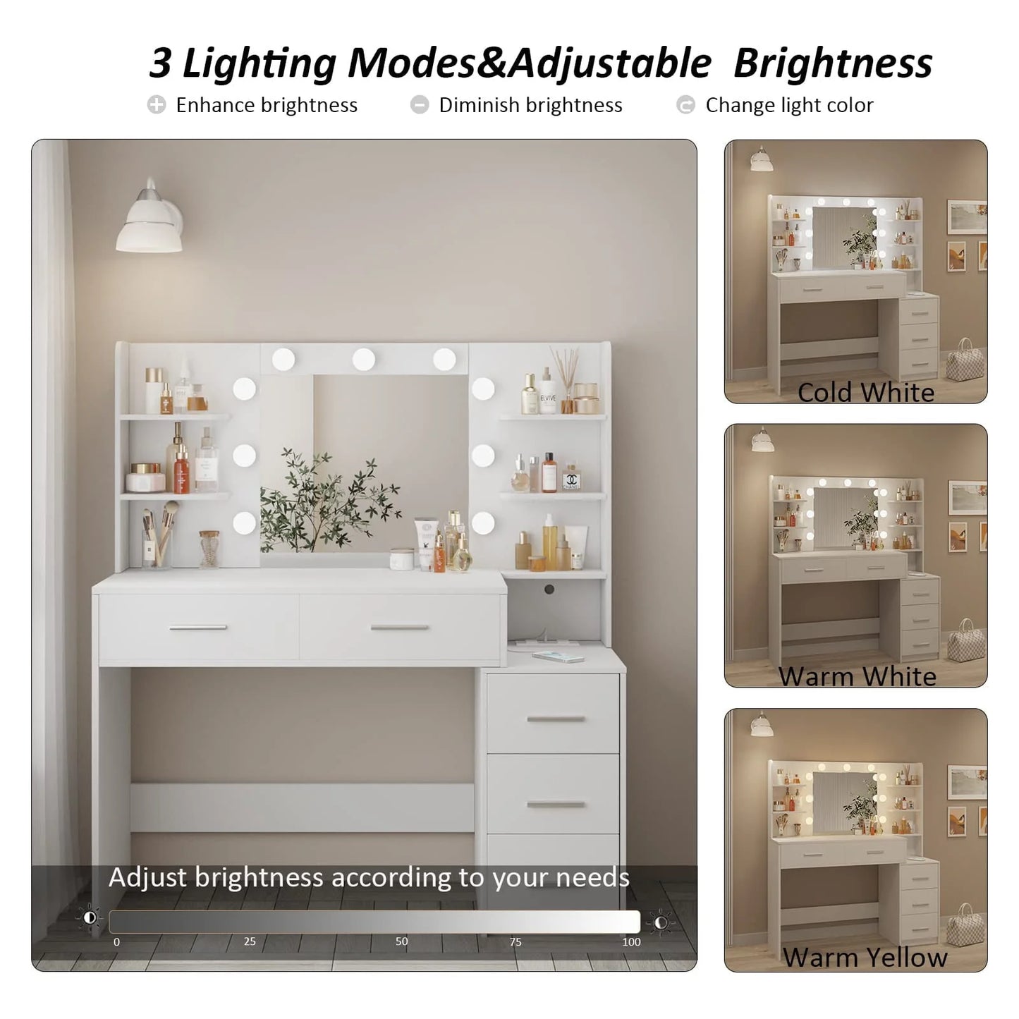 Makeup Vanity with Mirror and Lights,3 Lighting Colors,Bedroom Vanity Table with Charging Station,White Make Up Desk with 5 Drawers Storage and Open Shelves