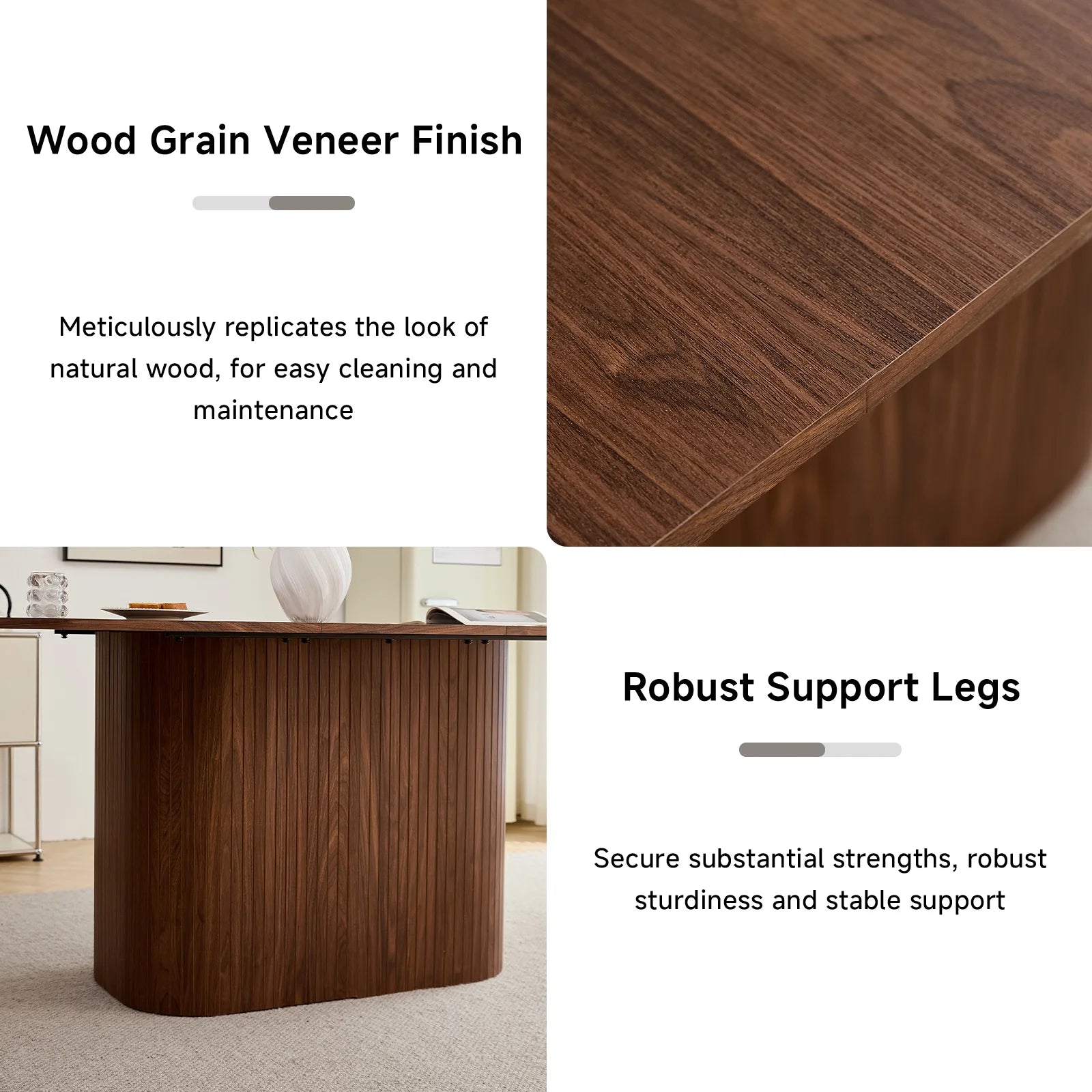 HJhomeheart 63" Rectangle Dining Table for 4 6 Person, Rounded Corners, Wood Strip Pedestal Base, Rustic Farmhouse Modern Breakfast Dinner Kitchen Table