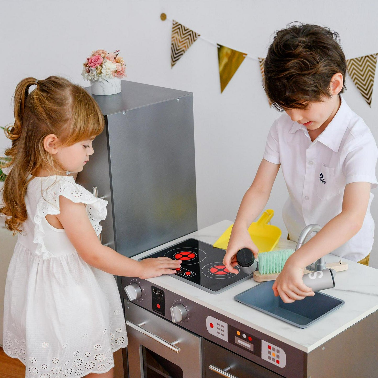 Teamson Kids Milano Kids Wooden Play Kitchen & 10 Accessories Grey TD-13397B
