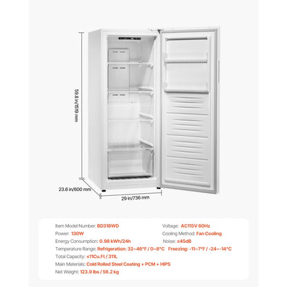 KFFKFF Convertible Upright Freezer/Refrigerator, 11 Cu.Ft Frost-Free Unit with Temperature Control, Reversible Door, Adjustable Shelves, and LED Lighting for Home, Office, or Garage