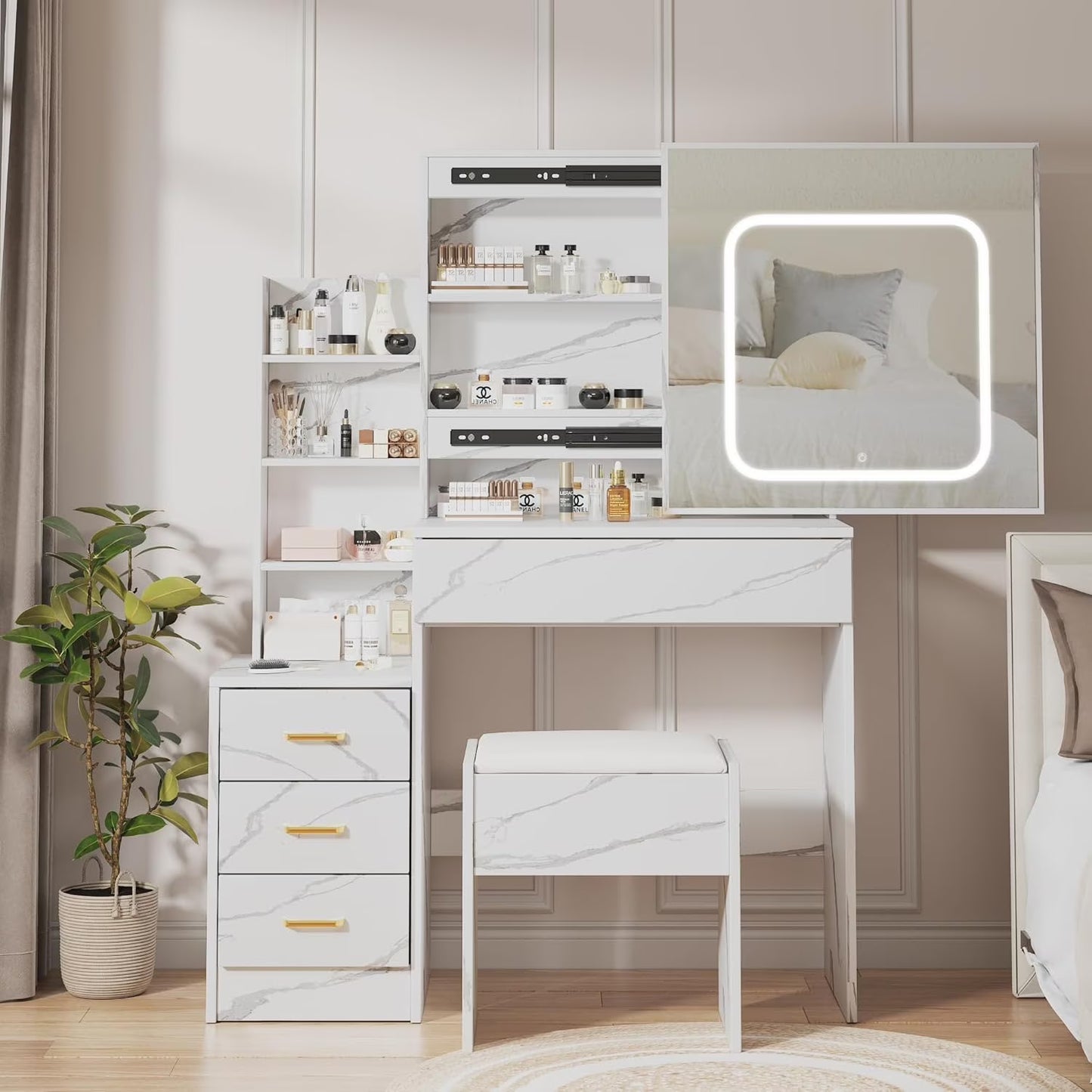Vanity Desk with Sliding Mirror and Lights, Makeup Vanity Set with Power Outlet, 4 Drawers, Stool, Open Shelves, 3 Color Lighting Modes, Brightness Adjustable, Makeup Dressing Table for Bedroom