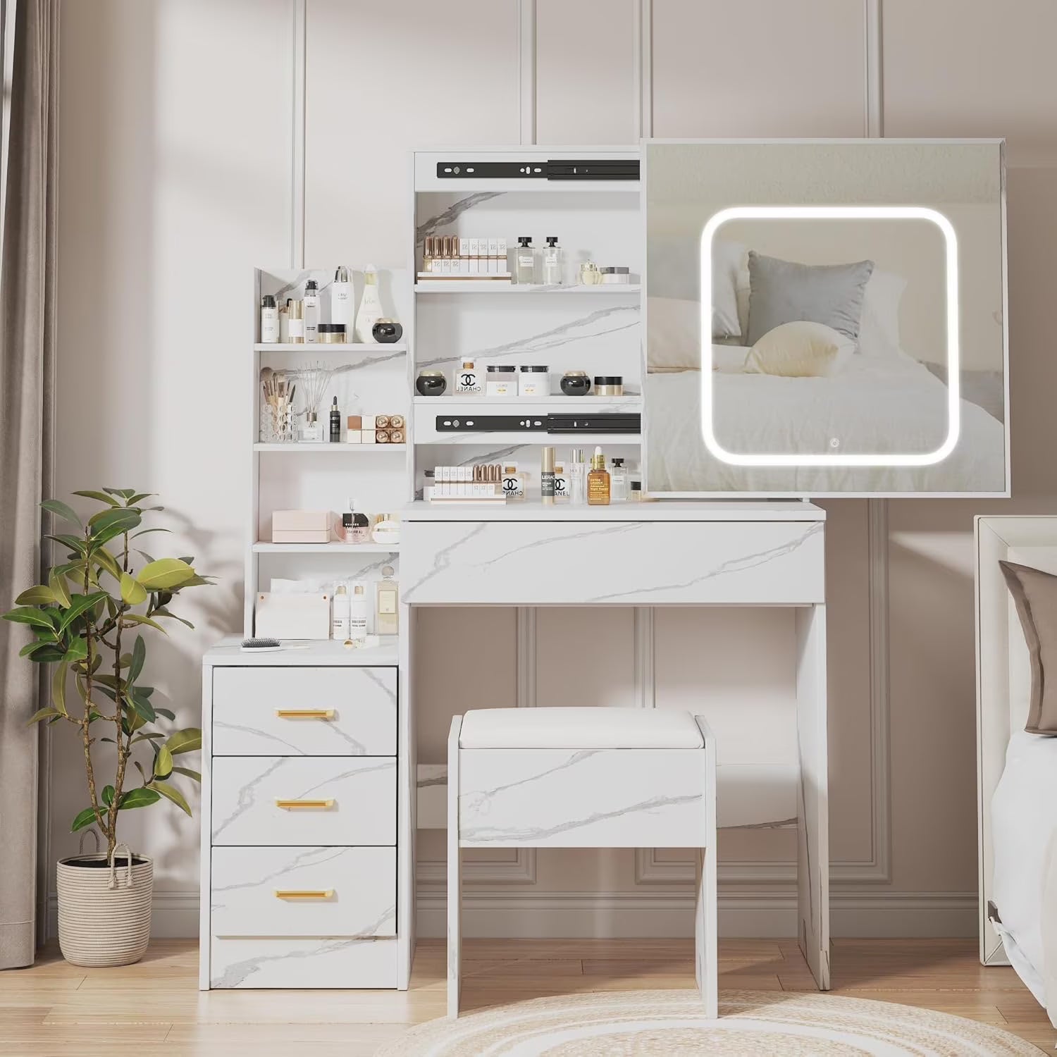 Vanity Desk with Sliding Mirror and Lights, Makeup Vanity Set with Power Outlet, 4 Drawers, Stool, Open Shelves, 3 Color Lighting Modes, Brightness Adjustable, Makeup Dressing Table for Bedroom