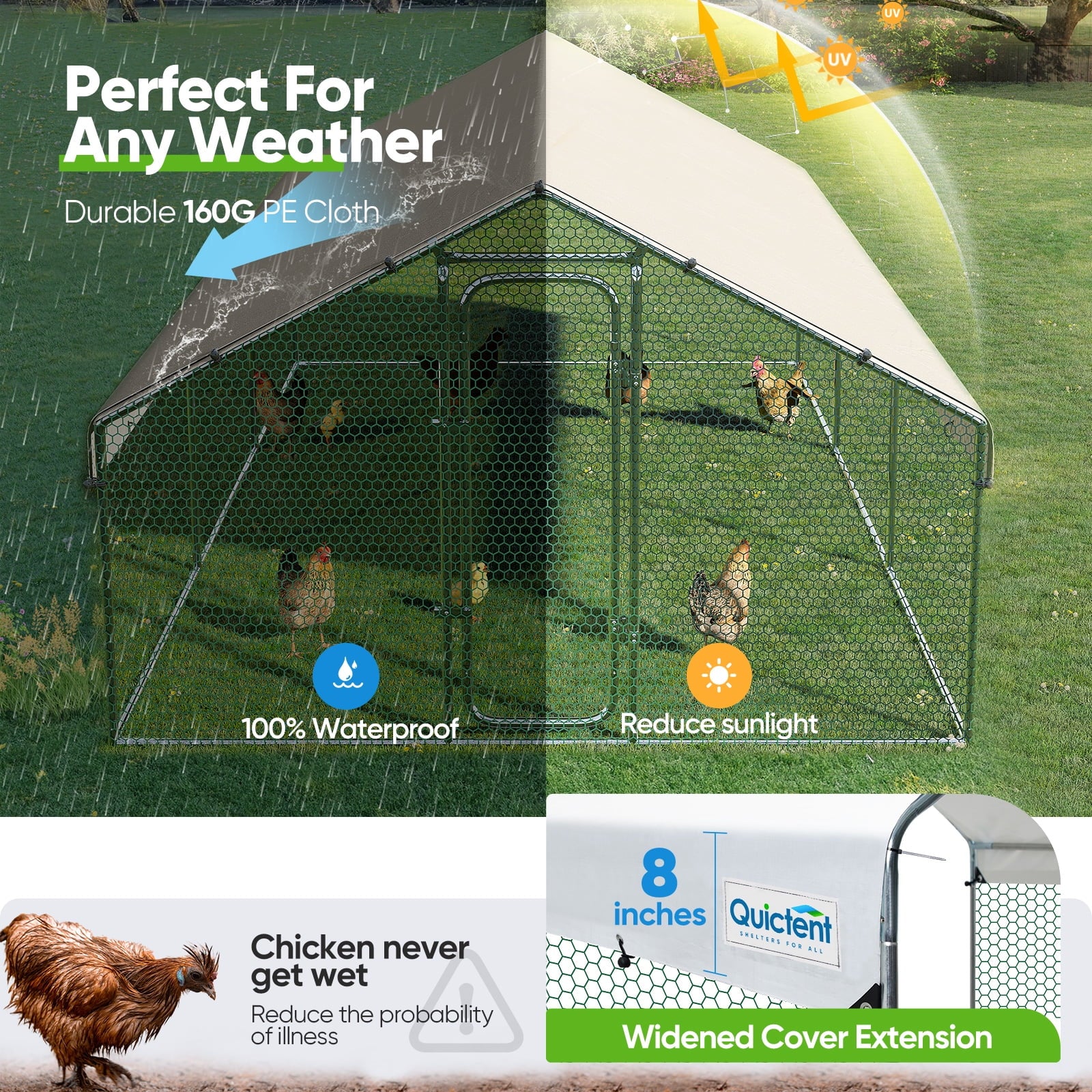 Quictent Large Metal Chicken Coop Run for 30+ Poultry with Galvanized Hardware Cloth and Waterproof Roof Cover, Outdoor Walk-in Cage Peak Hen House for Yard Farm, 18x9x6.6FT