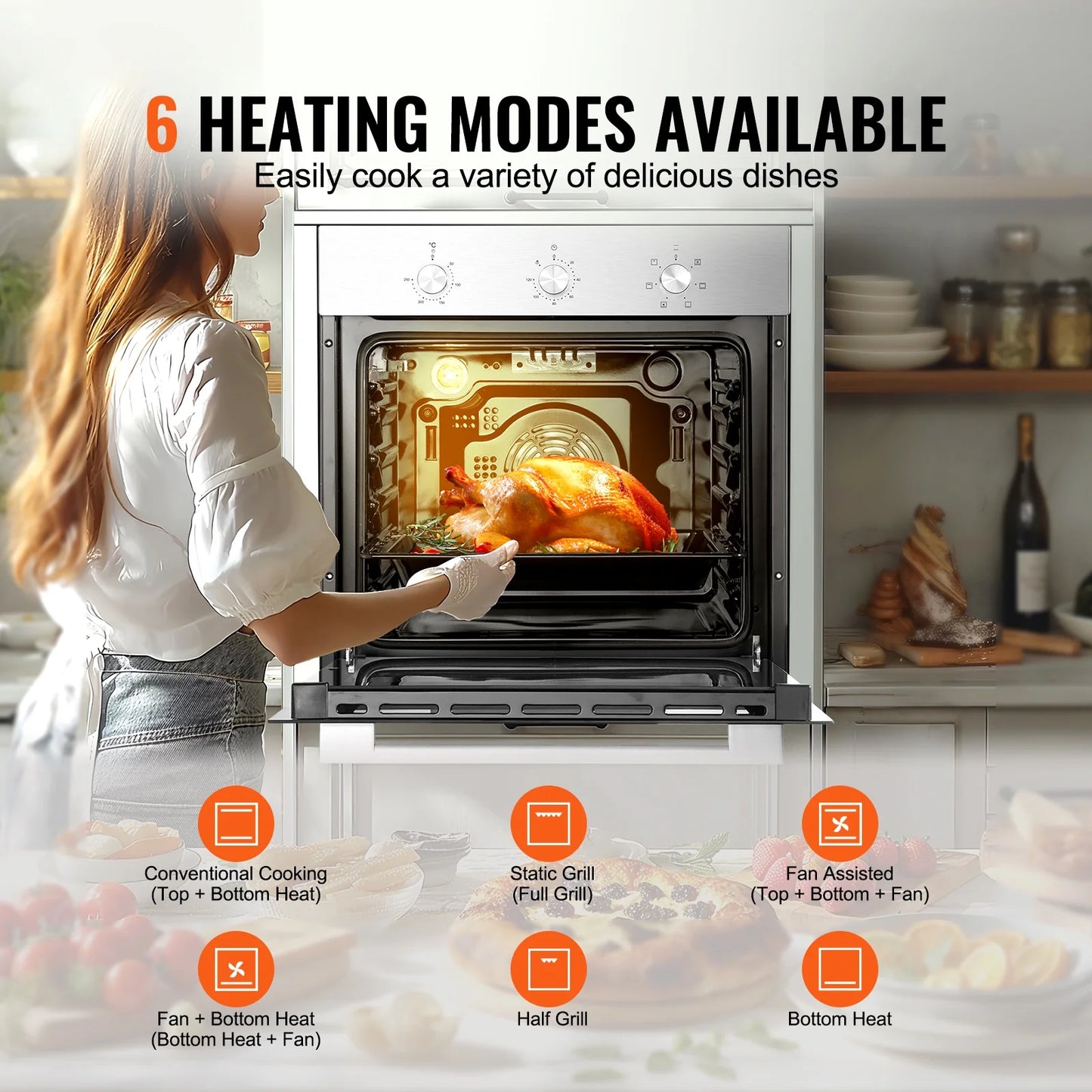 KFFKFF Solo Wall Oven, 24" Electrically Integrated Wall Oven with Half a Dozen Cooking Capabilities, 2.68 Cubic Ft Electric Wall Ovens with Timing Device, 2000W Electric Oven