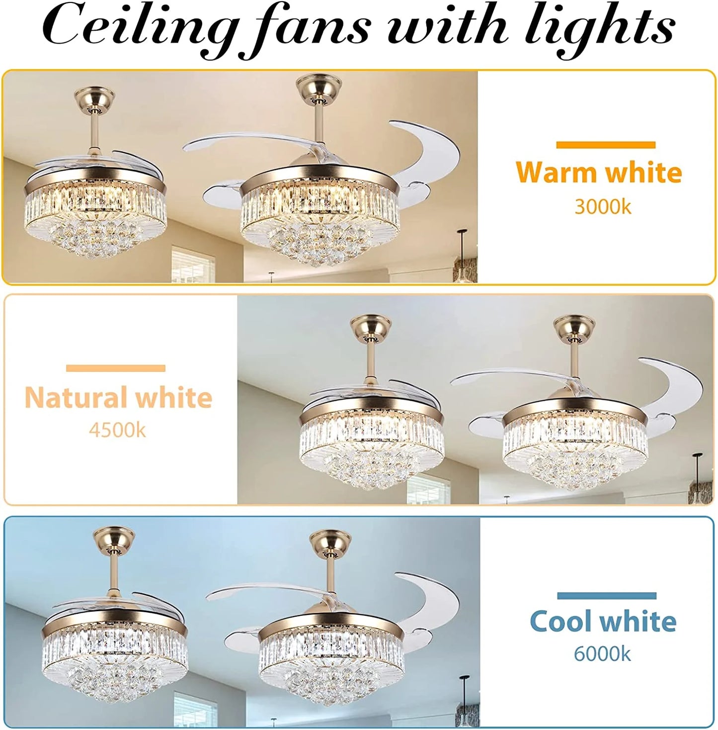 Datingday 42 Inch Crystal Ceiling Fan Golden Crystal Ceiling Fan Chandelier with Remote 6 Speeds 3 Colors Changes Lighting Fixture, 4 Blades Retractable Fans for Bedroom Living Room Dining Room