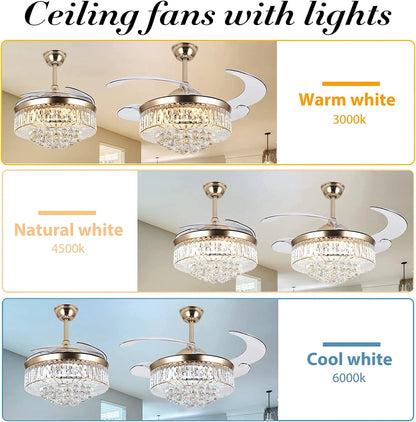 Datingday 42 Inch Crystal Ceiling Fan Golden Crystal Ceiling Fan Chandelier with Remote 6 Speeds 3 Colors Changes Lighting Fixture, 4 Blades Retractable Fans for Bedroom Living Room Dining Room