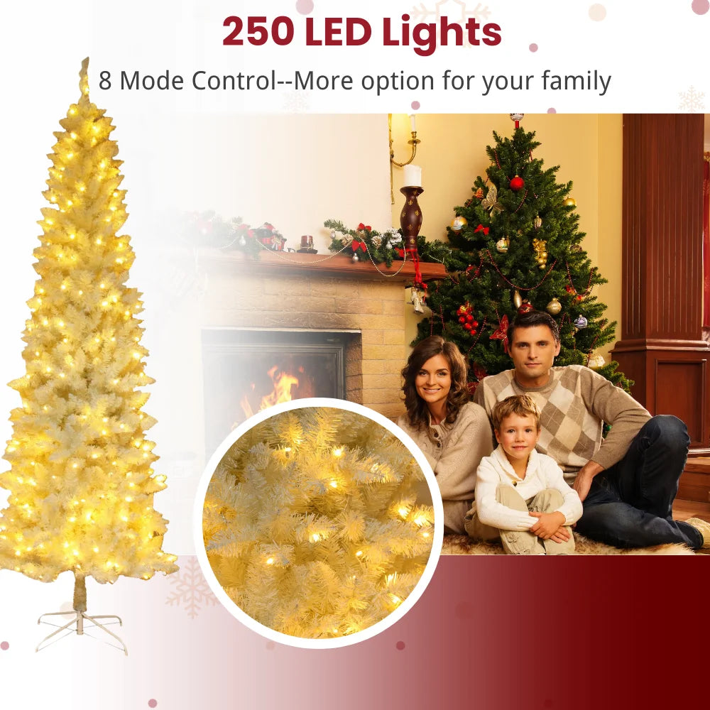 Ktaxon 6.5FT Pre-Lit Christmas Tree, Warm White Lights Pencil Xmas Tree, Slim Christmas Tree with 719 Tips, White