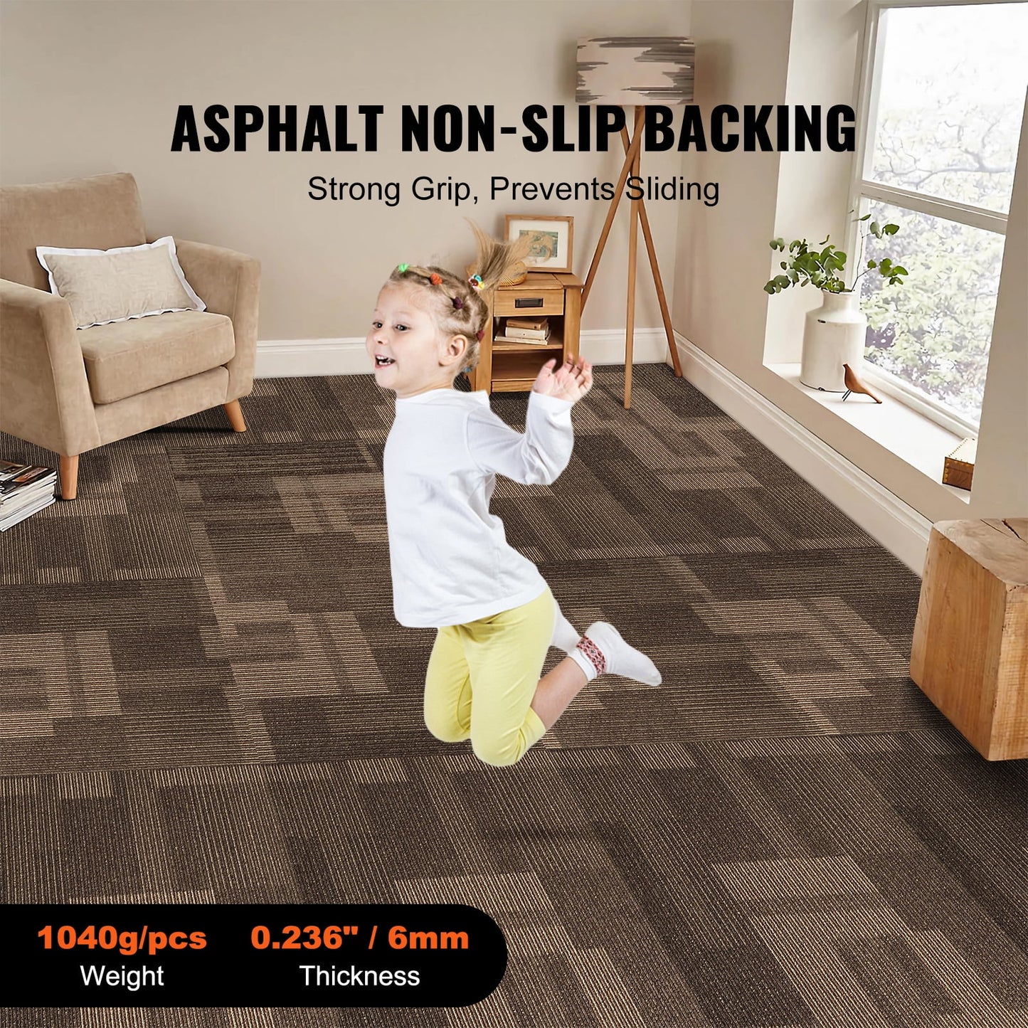 KFFKFF Carpet Squares, 24"x 24", Reusable with Attached Cushioning, Comfortable Padded Carpet Tiles, Simple Self-Installation for Living Room and Bedroom (24 Tiles, Varied Brown)