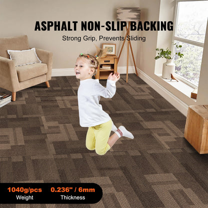 KFFKFF Carpet Squares, 24"x 24", Reusable with Attached Cushioning, Comfortable Padded Carpet Tiles, Simple Self-Installation for Living Room and Bedroom (24 Tiles, Varied Brown)