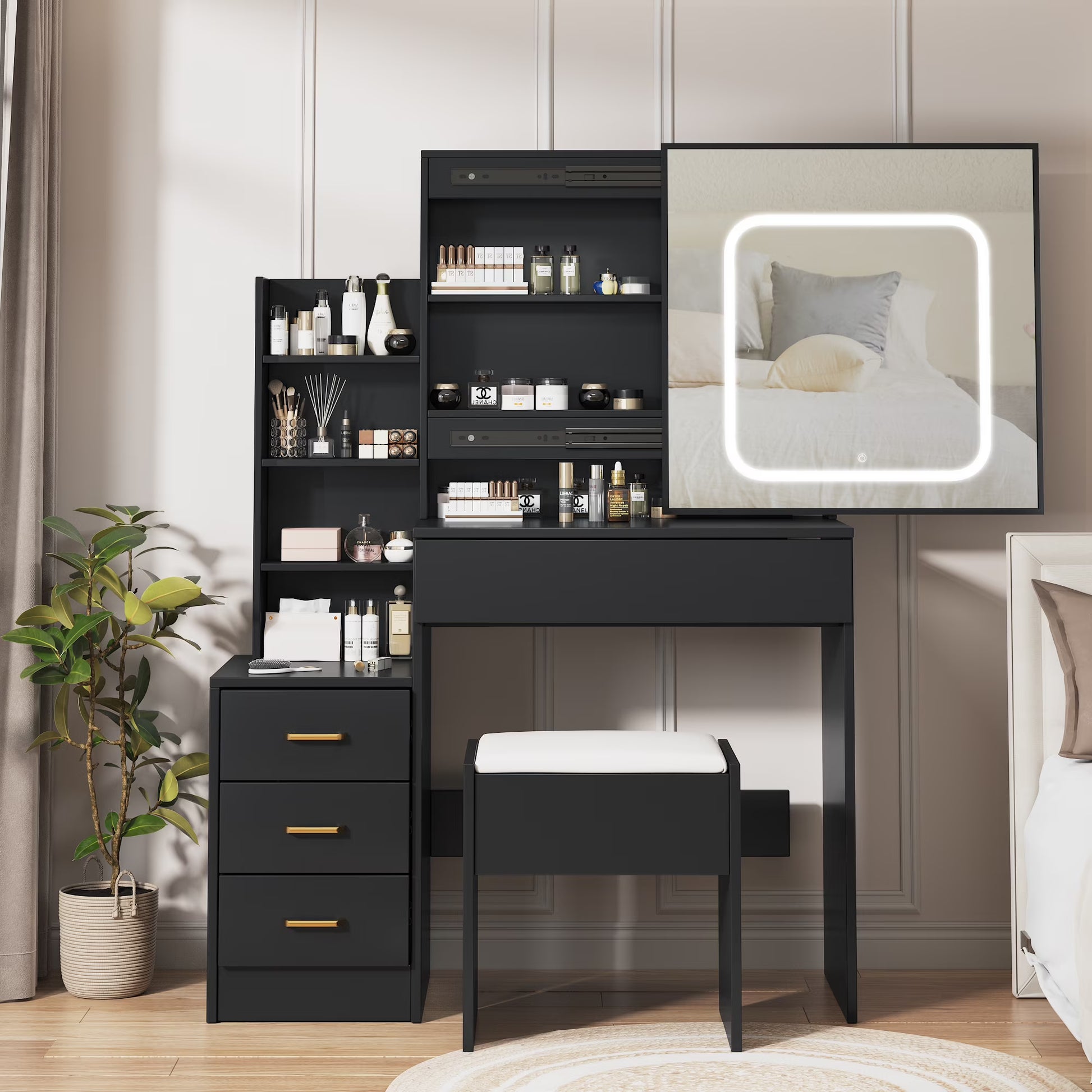 Vanity Desk with Sliding Mirror and Lights, Makeup Vanity Set with 4 Drawers, Stool, Power Outlet, Open Shelves, 3 Color Adjustable Lighting Modes, Makeup Dressing Table for Bedroom, White