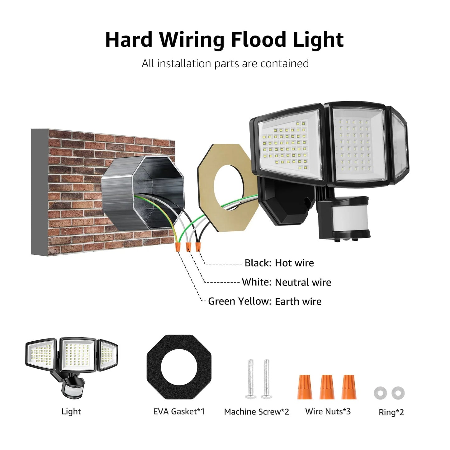 Lepro Motion Sensor Outdoor Light , LED Security Flood Lights with 3 Adjustable Heads, 270° Wide Lighting Angle, 27W 3200LM Super Bright, IP65 Waterproof for Yard Porch Garage, Black