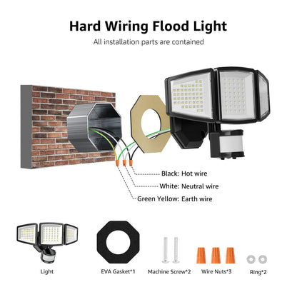 Lepro Motion Sensor Outdoor Light , LED Security Flood Lights with 3 Adjustable Heads, 270° Wide Lighting Angle, 27W 3200LM Super Bright, IP65 Waterproof for Yard Porch Garage, Black