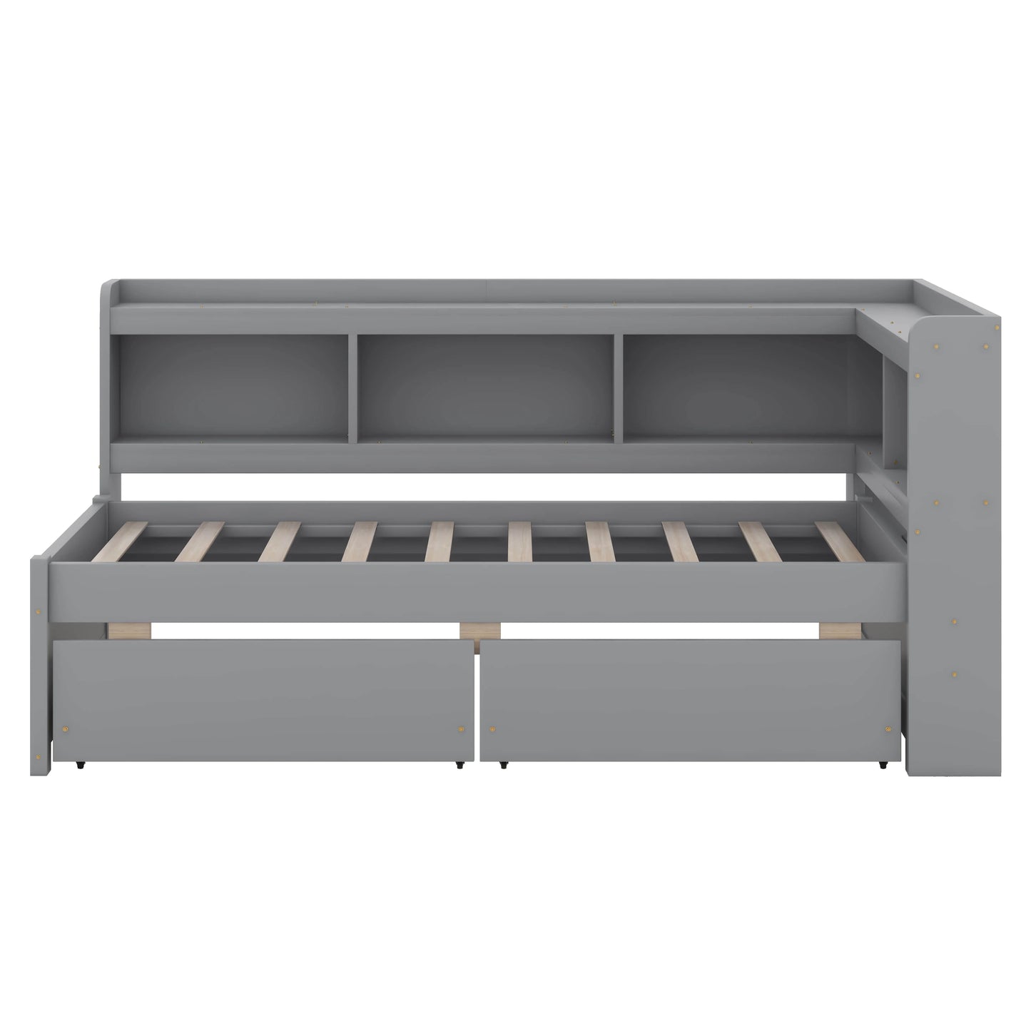 BEBPILOO Twin Size L-Shaped Bookcase Bed with Electrical Outlet, USB Charging Port, Two Drawers, Gray