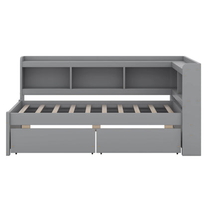 BEBPILOO Twin Size L-Shaped Bookcase Bed with Electrical Outlet, USB Charging Port, Two Drawers, Gray