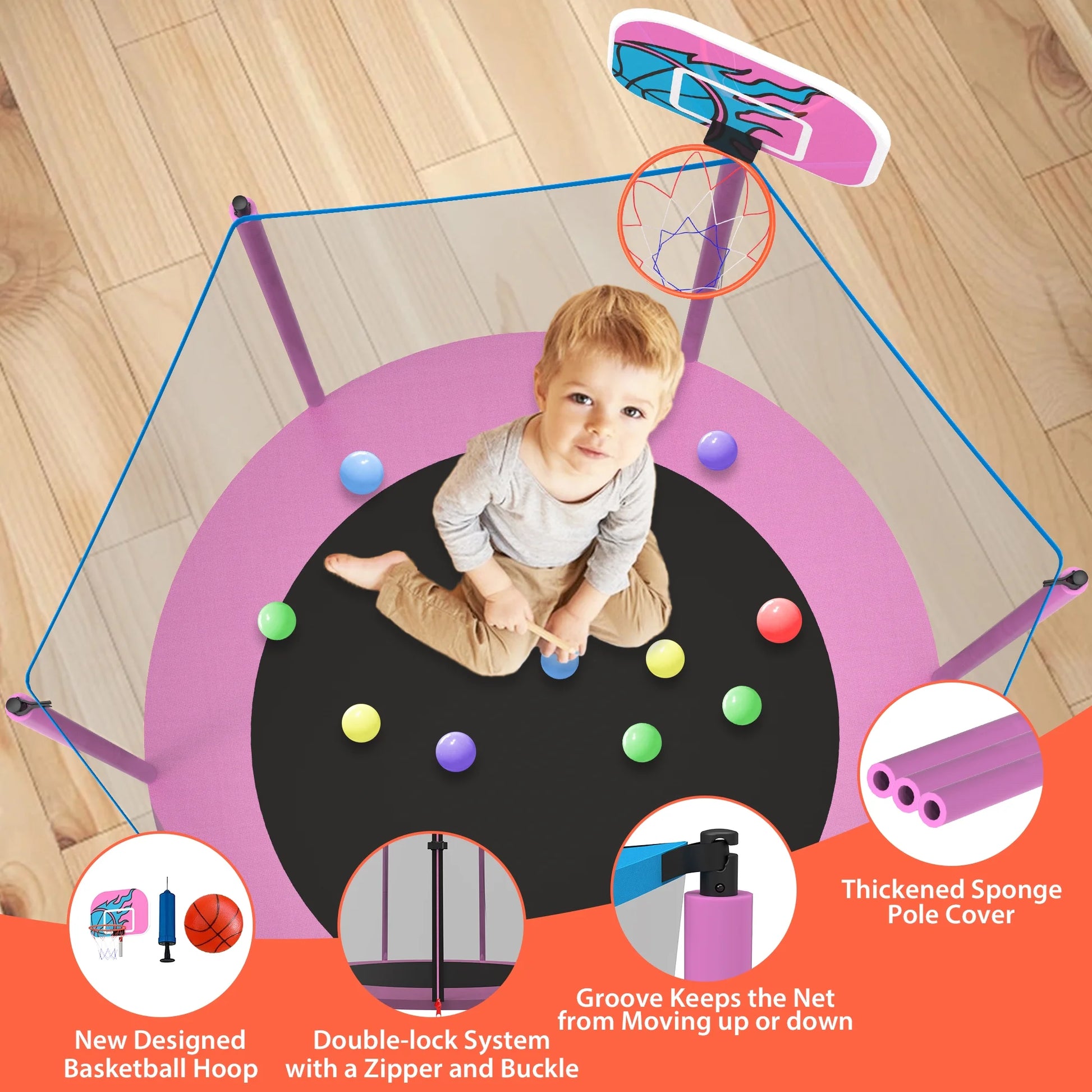 CITYLE Trampoline for Kids, No Gap Design 600LBS 66'' 5.5FT Toddler Trampoline Indoor Outdoor with Basketball Hoop, Mini Small Trampoline with Enclosure, Christmas Gifts for Toddlers, Boys & Girls